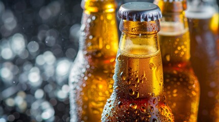 Close up photo of wet bottles of beer