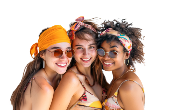 Three happy young women posing with summer outfit and looking at camera over isolated transparent background