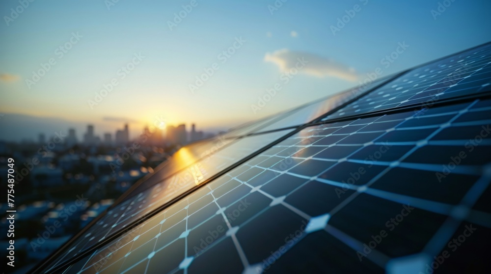Poster a closeup of a solar panel installation on the side of a building with the city skyline visible in t