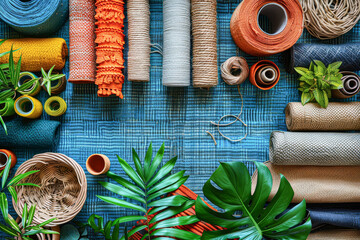 A variety of colorful items, including plants and rolls of string, are arranged on a blue surface. Concept of creativity and abundance, with the different colors - obrazy, fototapety, plakaty