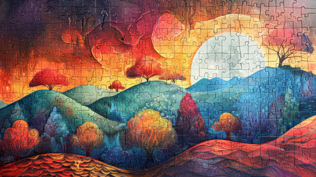 A puzzle of a mountain landscape with a moon in the sky. The sky is filled with trees and the mountains are covered in trees