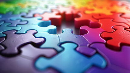 A colorful jigsaw puzzle with a blue piece missing. The puzzle is made up of many different colored pieces, and the missing blue piece creates a sense of incompleteness and curiosity