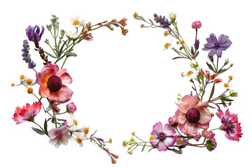 Beautiful frame of wild flowers isolated on transparent background for wedding invitation or postcard design. Vintage floral frame illustration with empty space for copy text.