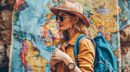 A woman wearing a straw hat and sunglasses is standing in front of a large world map. She is holding a backpack and a cup. Concept of adventure and wanderlust
