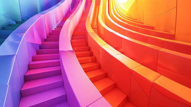 A colorful staircase with a rainbow of colors. The stairs are made of blocks and are arranged in a curved line. The image has a playful and whimsical mood