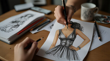 Female fashion designer contemplating drawings in studio.generative.ai - obrazy, fototapety, plakaty