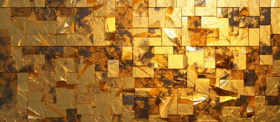 Detailed view of a textured wall adorned with shiny gold tiles and featuring a prominent golden cross
