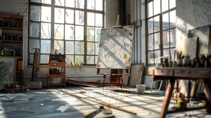 Sunlit spacious artist studio with easel and canvas surrounded by paintbrushes and art supplies, inspirational creative workplace for artistic expression. Artistic process and