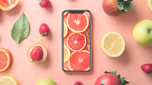 A phone is displayed with a picture of fruit on it. The fruit includes apples, oranges, and strawberries