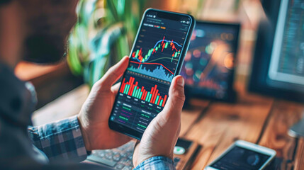 A man is holding a cell phone that is displaying a stock market graph. The man is focused on the screen, possibly making a decision about his investments. Concept of financial responsibility - obrazy, fototapety, plakaty