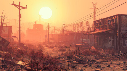 A desolate, abandoned town with a large sun in the sky - obrazy, fototapety, plakaty