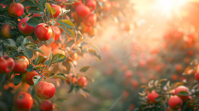 A bunch of red apples hanging from a tree. The apples are shiny and wet, and the sunlight is shining on them, making them look even more vibrant. Concept of freshness and abundance