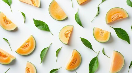 Fresh cantaloupe melon slices arranged with green leaves on white background, representing summer...