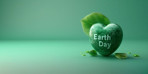 Minimal 3D render heart shaped written text Earth Day on the earth with leaf, green background, blender,3 - obrazy, fototapety, plakaty