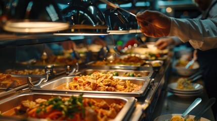 Chef serving freshly prepared dishes at buffet in restaurant. Catering food concept with variety of...