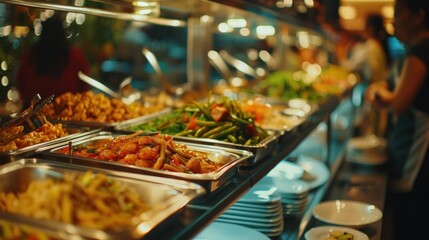 Variety of delicious dishes served on buffet spread in restaurant. Healthy and gourmet food...