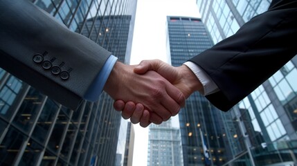 Corporate handshake, moment of agreement, skyscraper office background, Generative AI