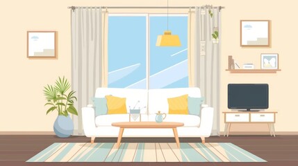 Flat cartoon vector illustration of living room with many furniture.