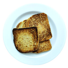 Top view of  white plate with toasts