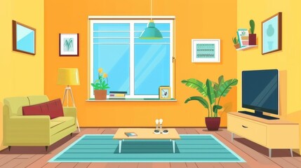 Flat cartoon vector illustration of living room with many furniture.