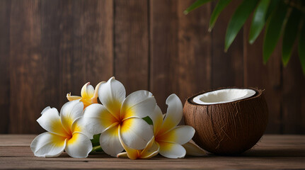 Fototapeta na wymiar Still life with tropical coconut and plumeria flowers on wooden.generative.ai