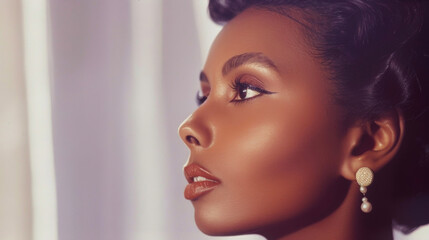 The epitome of elegance and grace a poised black woman gazes off into the distance with a hint of mystery and allure. Her classic pearl earrings and sleek hairstyle embody the timeless .