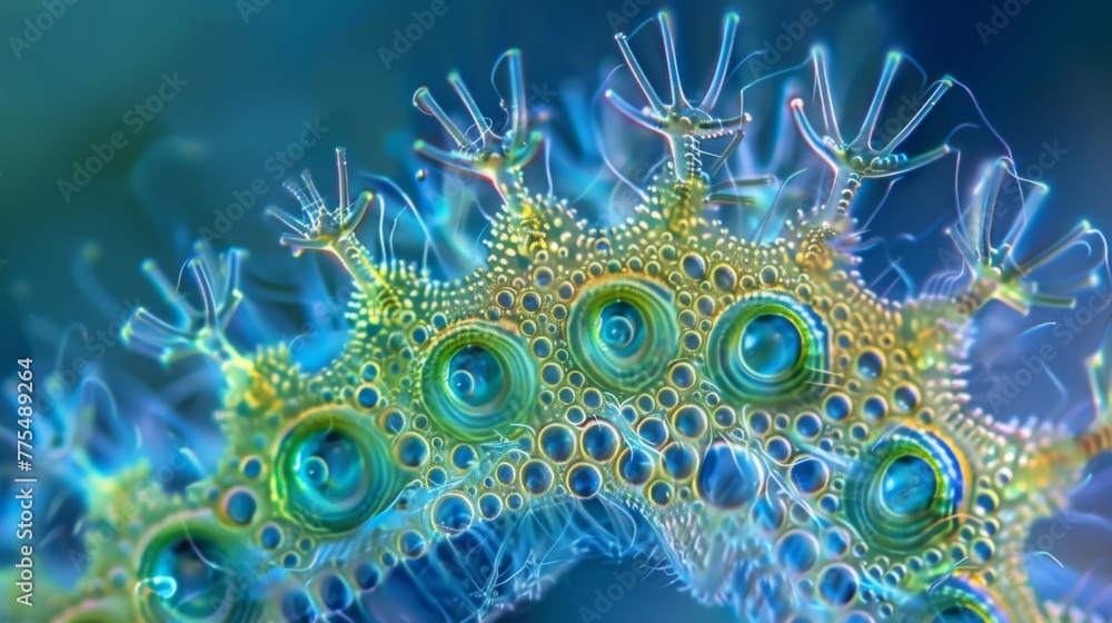 Poster a microscopic view of a rotifers wheel structure showcasing the intricate network of bristles and ci