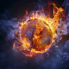 Flame of Transformation: A single Bitcoin engulfed in flames, symbolizing the volatile yet transformative nature of the cryptocurrency market Job ID: c7d419c8-3310-46a1-b817-2e648de7805d - obrazy, fototapety, plakaty