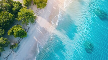 Sand beach from above with light blue transparent water