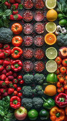 A colorful display of fruits and vegetables arranged in a row. Concept of abundance and freshness, showcasing the variety of produce available