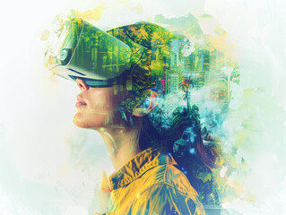 A woman wearing a virtual reality headset is looking at a cityscape. The image is a creative representation of the idea of virtual reality and the potential for immersive experiences