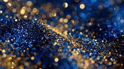 Festive Blue and Gold Abstract. Holiday elegance in navy blue and gold particles for seasonal campaigns. - obrazy, fototapety, plakaty