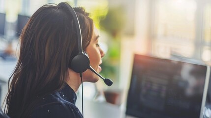 A confident businesswoman wearing a sleek headset while focused on using a computer for work