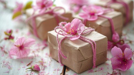Three craft gift boxes wrapped in paper and tied with pink string, adorned with delicate pink flowers