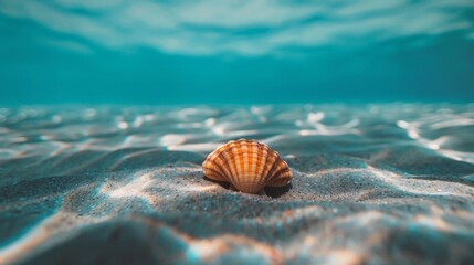 A seashell lies in shallow water on a sandy ocean floor under a clear blue sky