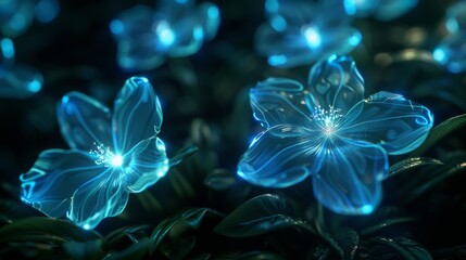 Obraz na płótnie Canvas A pattern of glowing, bioluminescent flowers thriving in secret corners, using their magical luminescence to illuminate hidden messages and paths created with Generative AI Technology