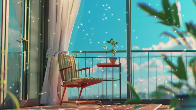 Relaxing on balcony lo fi animated cartoon background. Curtain open window breeze 90s retro lofi aesthetic live wallpaper animation. Relaxed weekend color chill scene 4K video motion graphic. Lofi il