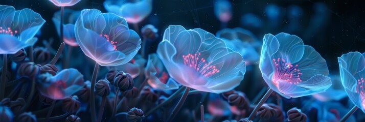 A pattern of glowing, bioluminescent flowers thriving in secret corners, using their magical luminescence to illuminate hidden messages and paths created with Generative AI Technology - obrazy, fototapety, plakaty