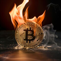 Flame of Transformation: A single Bitcoin engulfed in flames, symbolizing the volatile yet transformative nature of the cryptocurrency market, black background. Job ID: a3fa186d-e65f-4087-b1d7 - obrazy, fototapety, plakaty