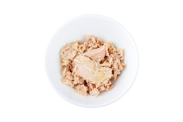 canned tuna in ceramic bowl isolated on white background top view