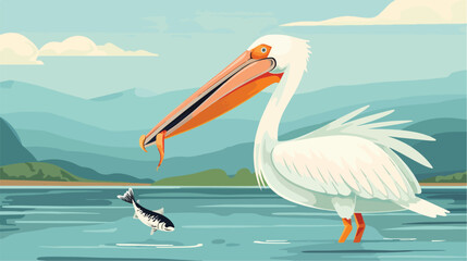 Pelican eating fish in the bay 2d flat cartoon vact