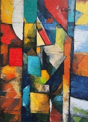 Cubism style multicolor painting with rough texture on canvas. Oil on canvas. Contemporary painting. Modern poster for wall decoration