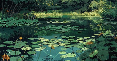 Comic book style, environment of a stream, Nofer leaves, water lilies, bank on the horizon