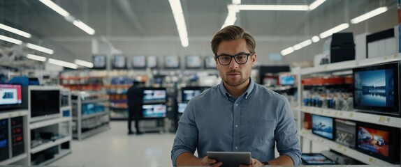 Young Sales Manager in Home Electronics Store Expertly Manages Operations Using Tablet Computer, Professional Oversees TV Sets Inventory and Product Updates with Technological Efficiency