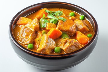 Pork Curry with recipe pork fillet, green curry paste, coconut milk, vegetable broth, carrots dices, pepper diced, peas, fish sauce, onion chopped, soya sauce, isolated on white background