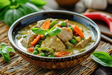 Pork Curry made of pork fillet, green curry paste, coconut milk, vegetable broth, carrots dices, pepper diced, peas, fish sauce, onion chopped, soya sauce, indian cuisine, 