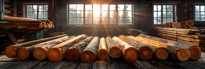 old mill in the village,
Sawn Wooden Beams in Sawmill - obrazy, fototapety, plakaty