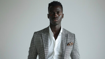 In a studio setting a black man poses in a monochromatic outfit consisting of a white shirt black trousers and a black and white checkered jacket. The pop of color comes from his African .