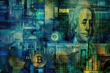 Vibrant collage of digital currency and traditional finance featuring Bitcoin and Benjamin Franklin on a dollar bill amidst electronic circuitry and financial charts.
