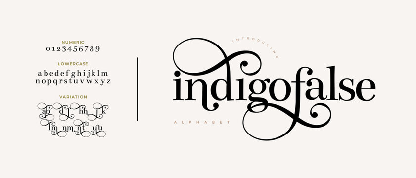 Indigofalse elegant Font Uppercase Lowercase and Number. Classic Lettering Minimal Fashion Designs. Typography modern serif fonts regular decorative vintage concept. vector illustration